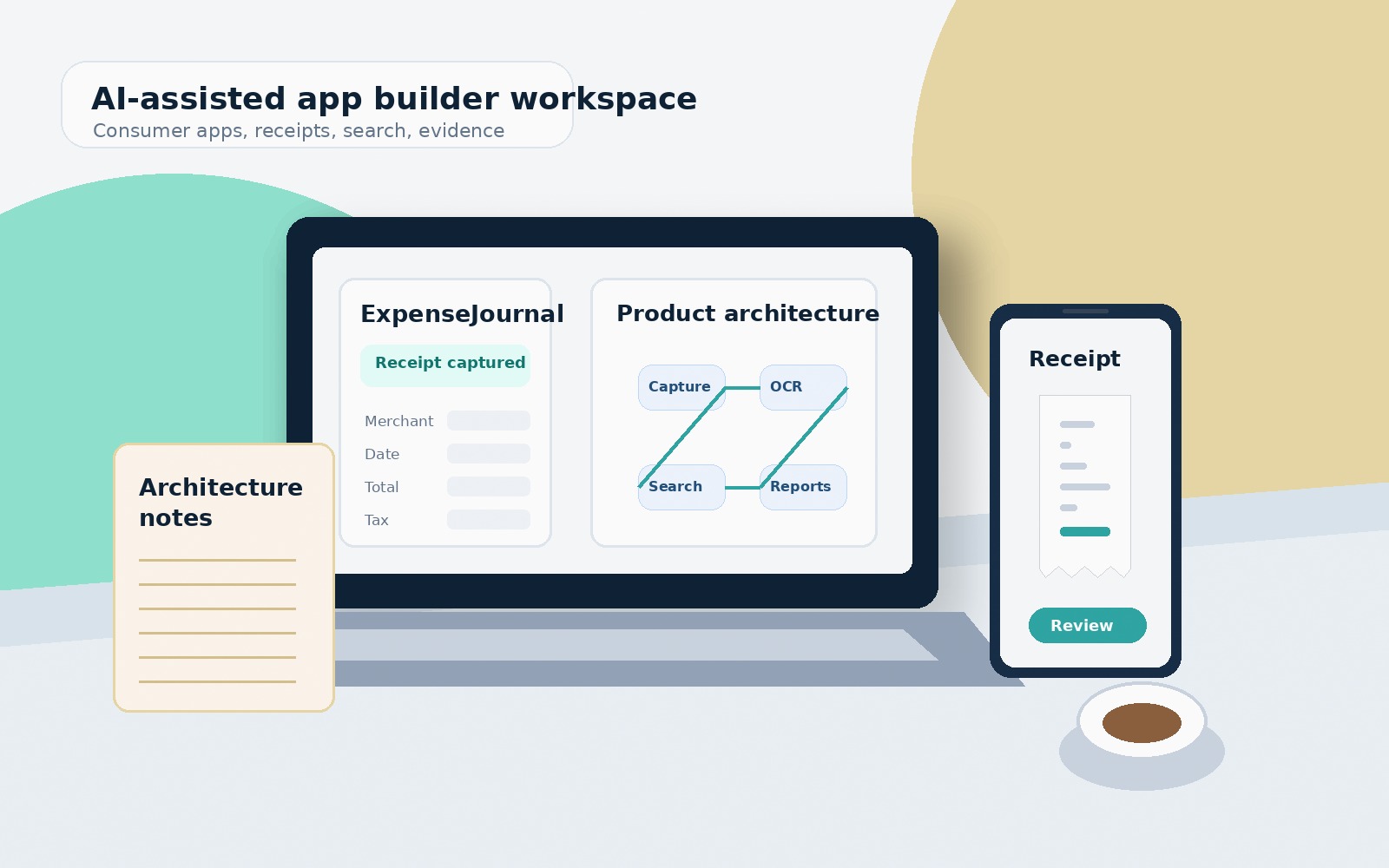 Workspace showing mobile app prototyping, receipt capture, and product architecture notes.