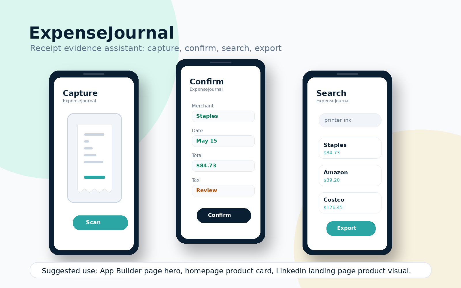 ExpenseJournal app mockup showing receipt capture, AI extraction review, and searchable evidence reports.